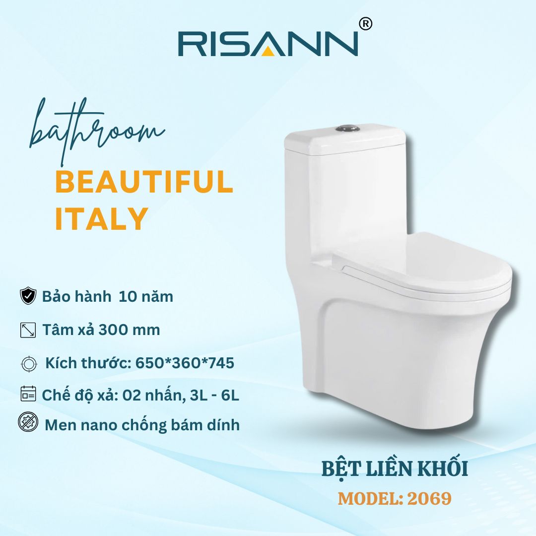 Bệt Liền Khối RISANN Model 2069 Men Nano Chống Bám Dính Xả 2 Nhấn