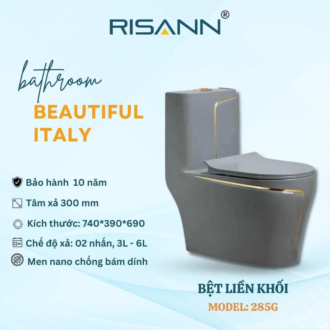 Bệt Liền Khối RISANN Model 285G Màu Xám Men Nano Chống Bám Dính Xả 2 Nhấn