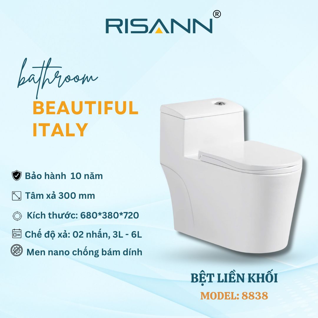 Bệt Liền Khối RISANN Model 8838 Men Nano Chống Bám Dính Xả 2 Nhấn