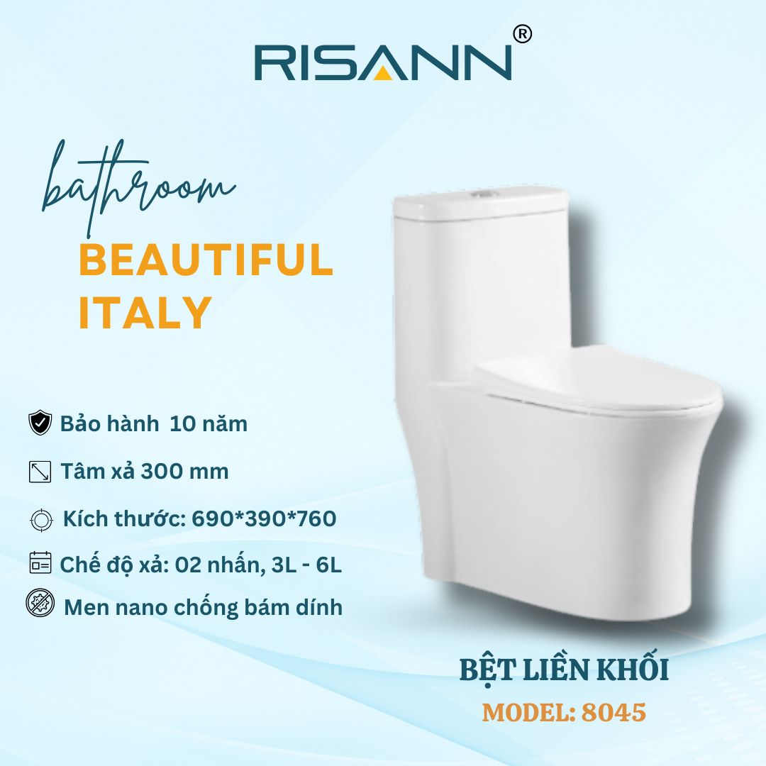 Bệt Liền Khối RISANN Model 8045 Men Nano Chống Bám Dính Xả 2 Nhấn
