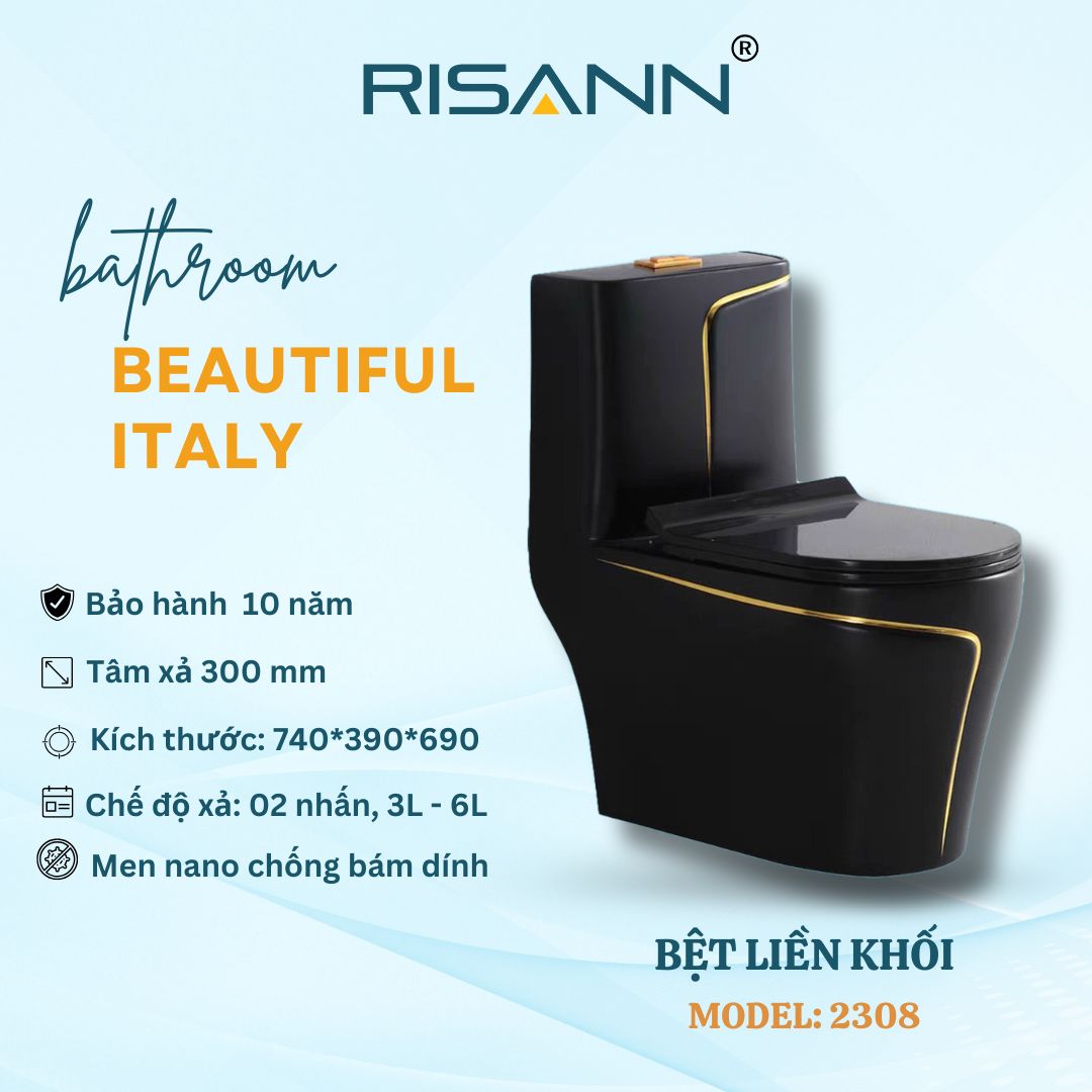 Bệt Liền Khối RISANN Model 2308 Màu Đen Men Nano Chống Bám Dính Xả 2 Nhấn