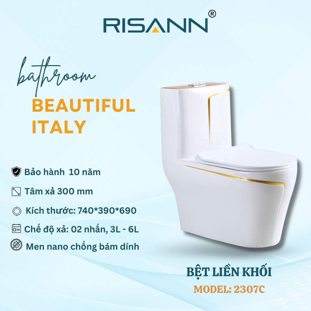 Bệt Liền Khối RISANN Model 2307C Màu Trắng Viền Vàng Men Nano Xả 2 Nhấn