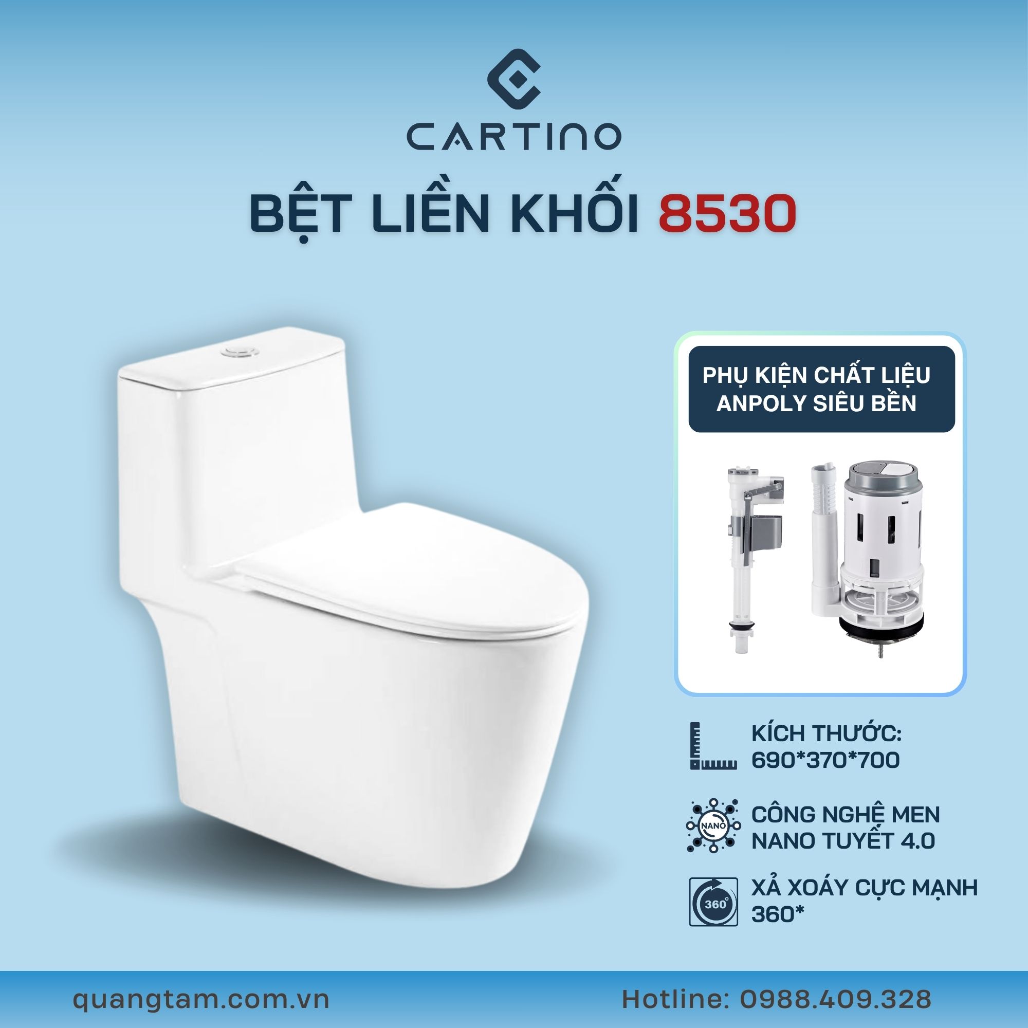 Bệt Liền Khối Cartino CT-8530 Men Nano Tuyết 4.0 Xả Xoáy 3D
