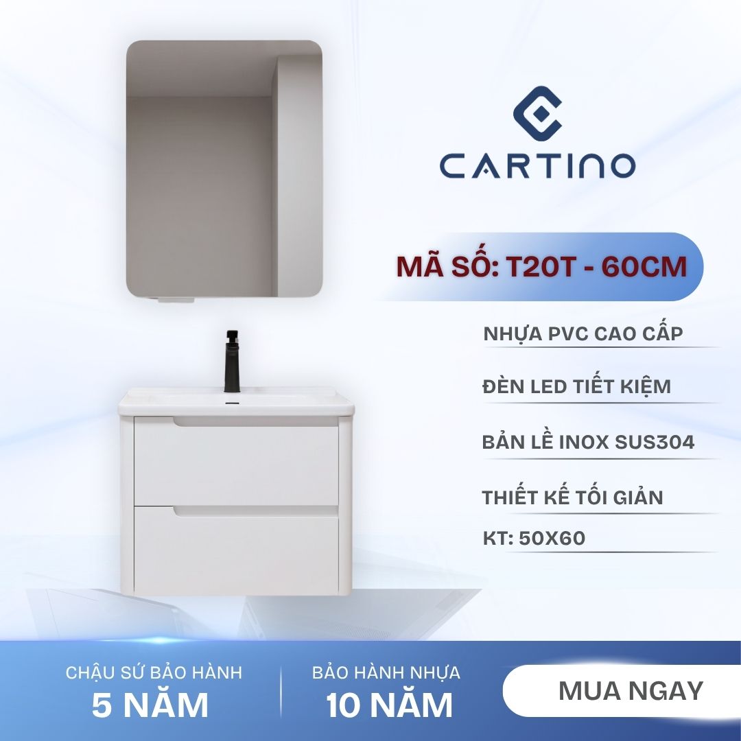 Tủ Chậu Lavabo Treo Tường CARTINO T20T 60cm Gương LED PVC Cao Cấp