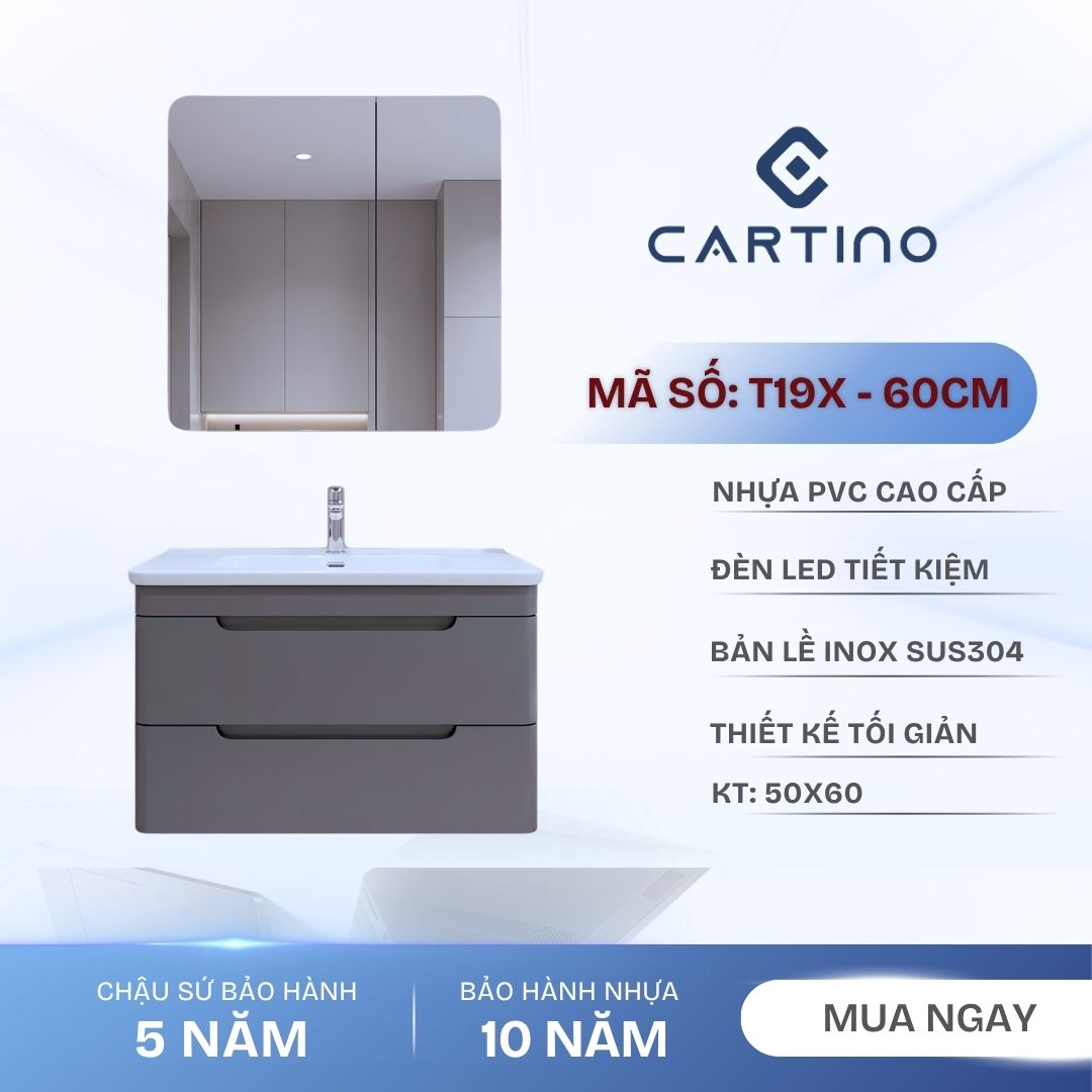 Tủ Chậu Lavabo Treo Tường CARTINO T19X 60cm Gương LED Nhựa PVC Cao Cấp