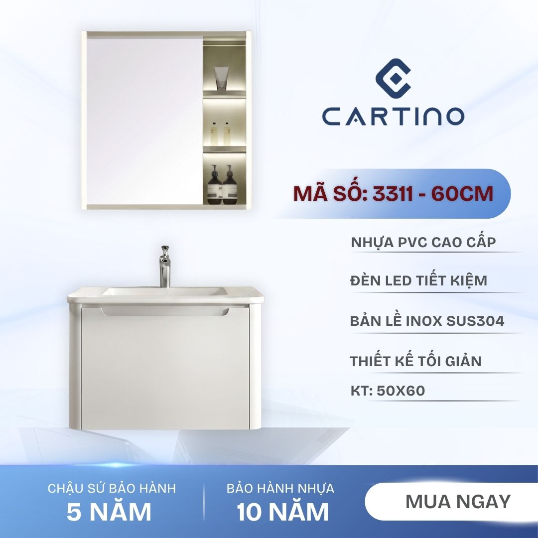 Tủ Chậu Lavabo Treo Tường CARTINO 3311 60cm Gương Tủ LED Nhựa PVC Cao Cấp