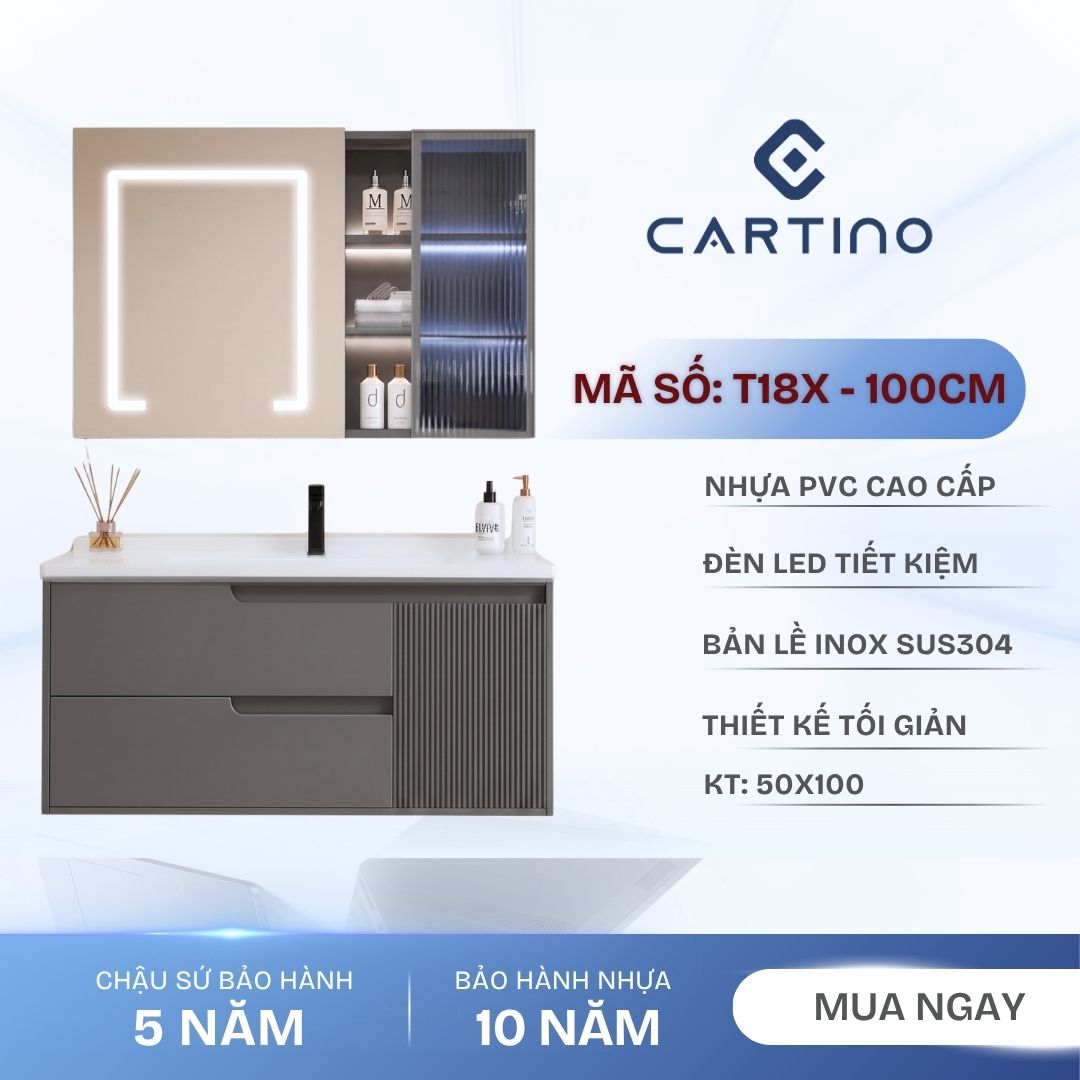 Tủ Chậu Lavabo Treo Tường CARTINO T18X 100cm Gương Tủ LED PVC Cao Cấp