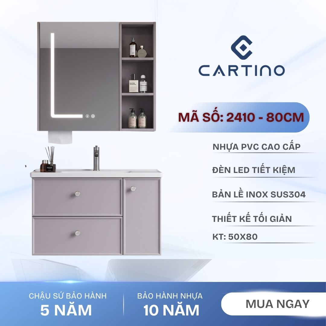 Tủ Chậu Lavabo Treo Tường CARTINO 2410 80cm Gương LED Nhựa PVC Cao Cấp