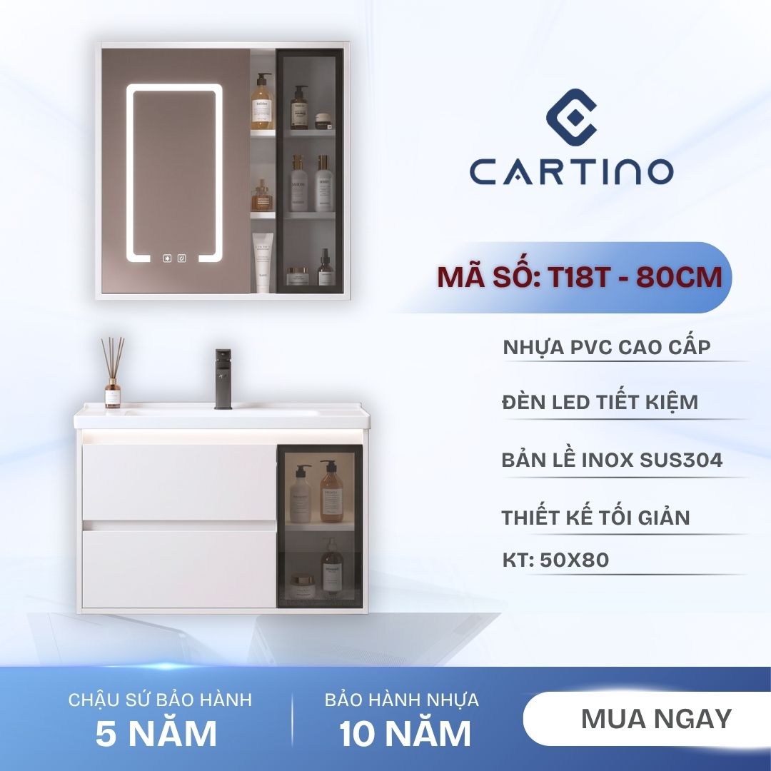 Tủ Chậu Lavabo Treo Tường CARTINO T18T 80cm Gương Tủ LED PVC Cao Cấp
