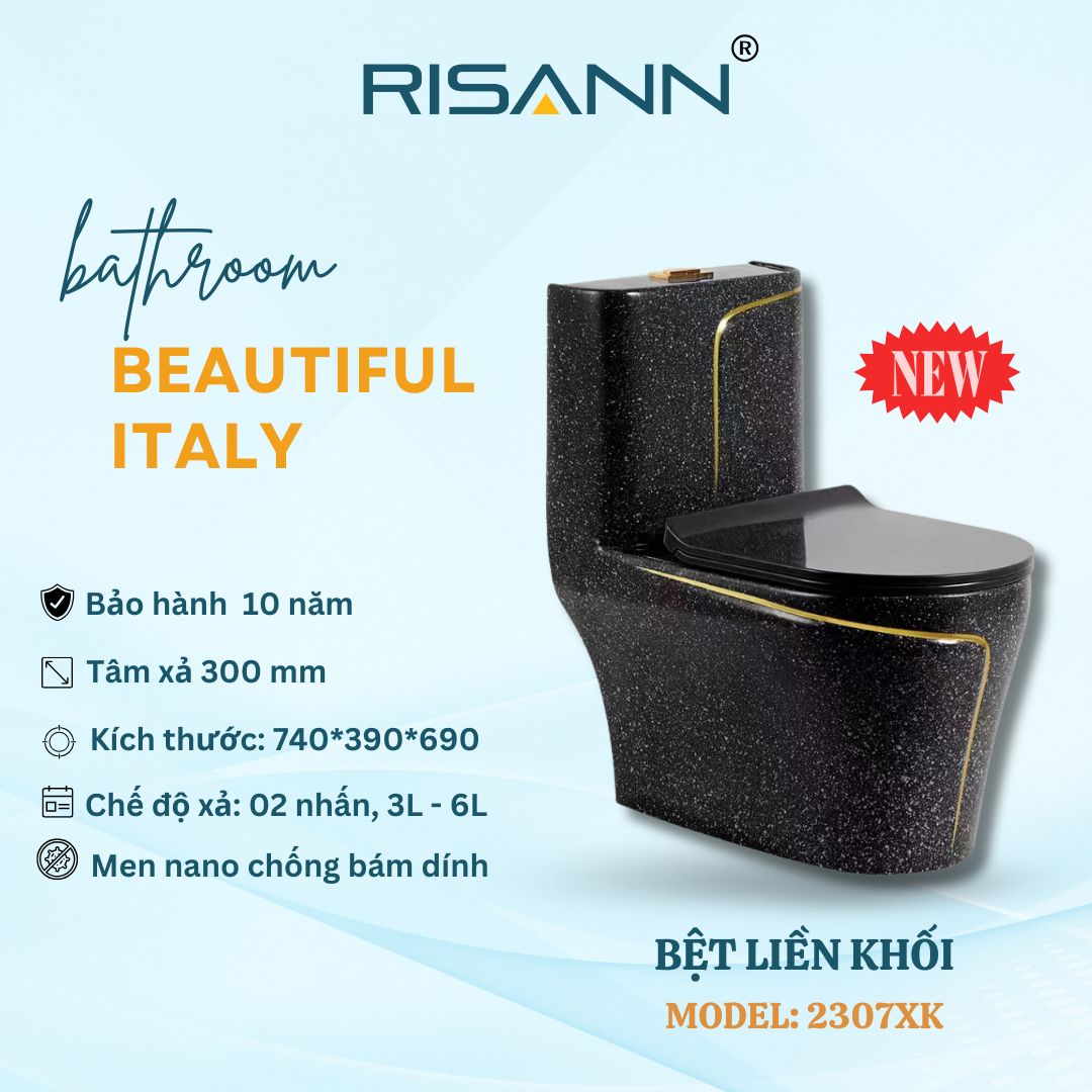 Bệt Liền Khối RISANN Model 2307XK Men Đen Ánh Kim Viền Vàng Xả 2 Nhấn