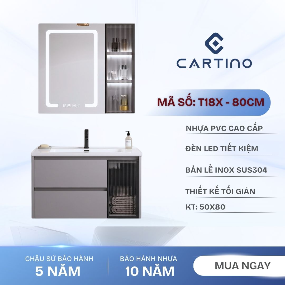 Tủ Chậu Lavabo CARTINO T18X 80cm Nhựa PVC Cao Cấp Gương LED Cảm Ứng Treo Tường Hiện Đại