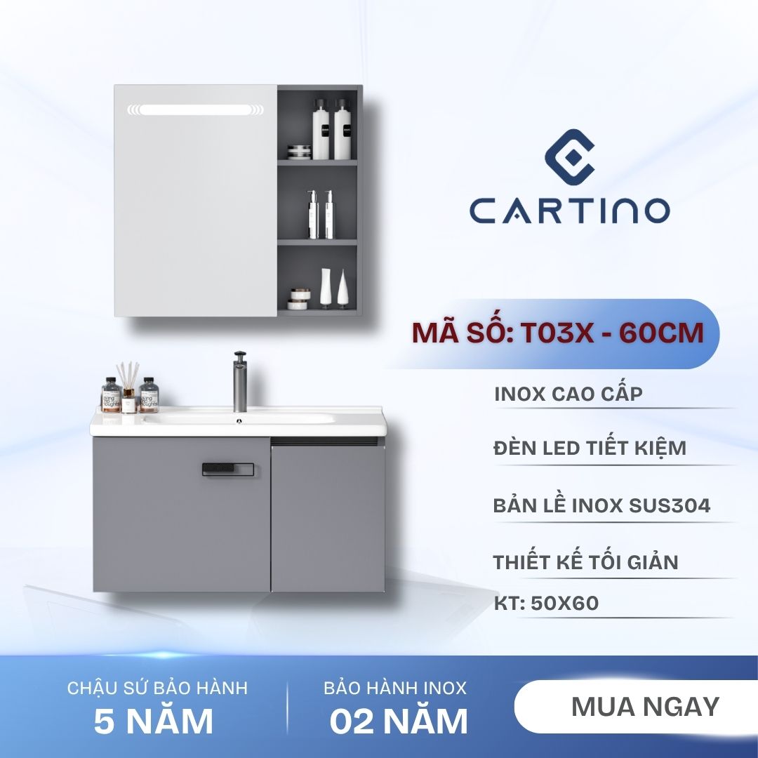 Tủ Chậu Lavabo Treo Tường CARTINO T03T 60cm Inox Cao Cấp Gương LED Hiện Đại