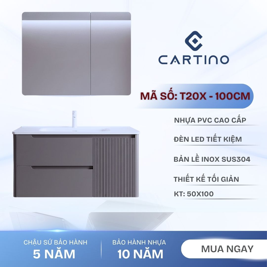 Tủ Chậu Lavabo Treo Tường CARTINO T20X 100cm Gương LED PVC Cao Cấp