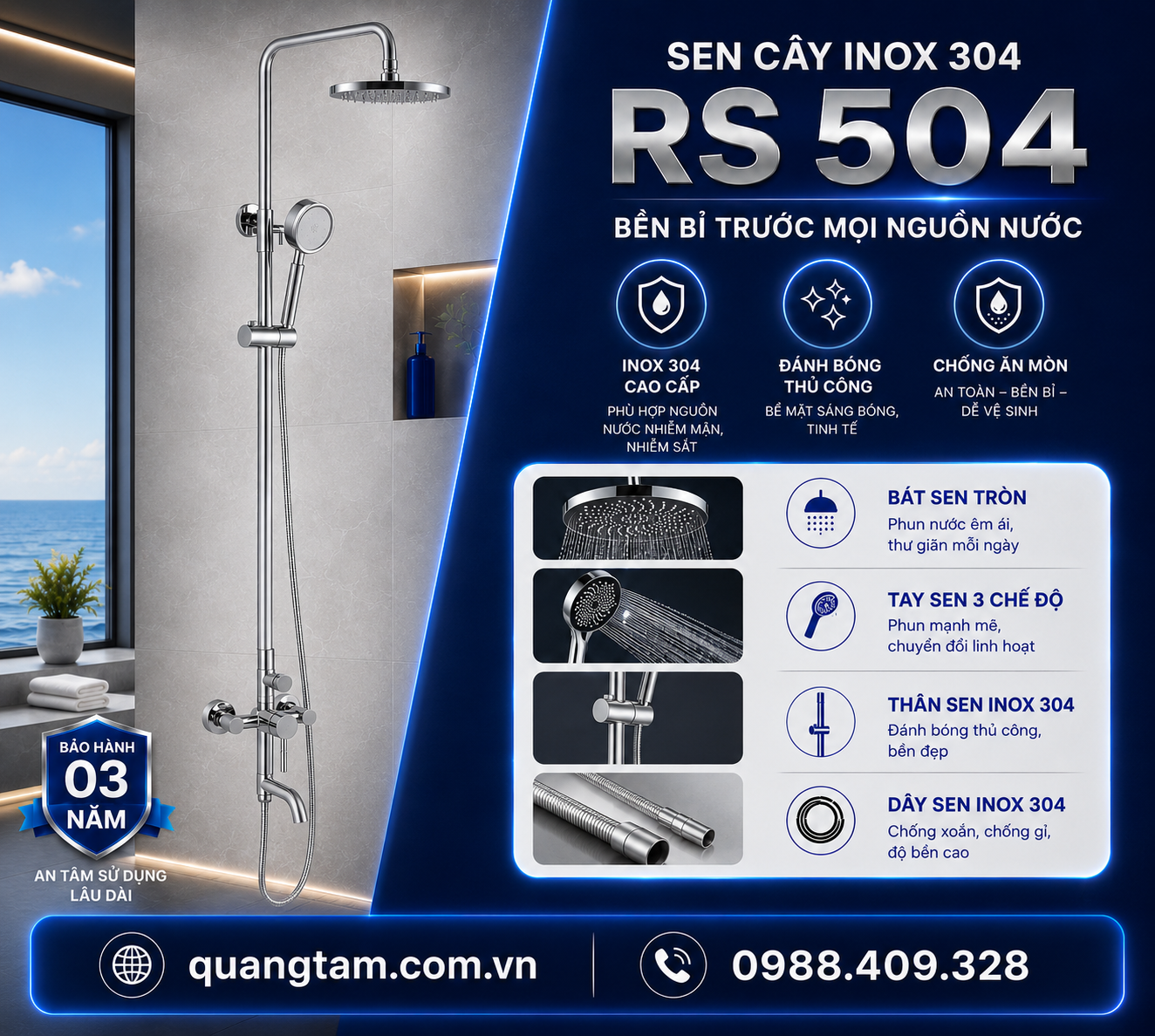 Sen Cây Inox 304 RS504 Bát Tròn Tay Sen 3 Chế Độ