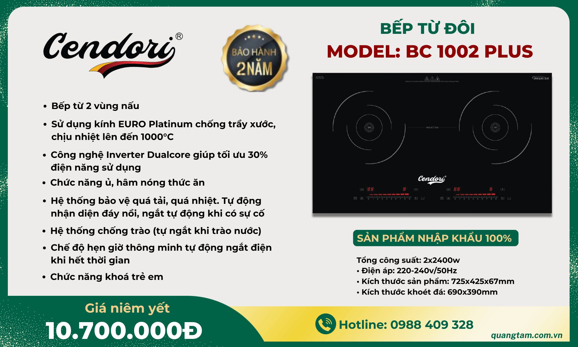 Bếp từ đôi Cendori - BC1002 PLUS