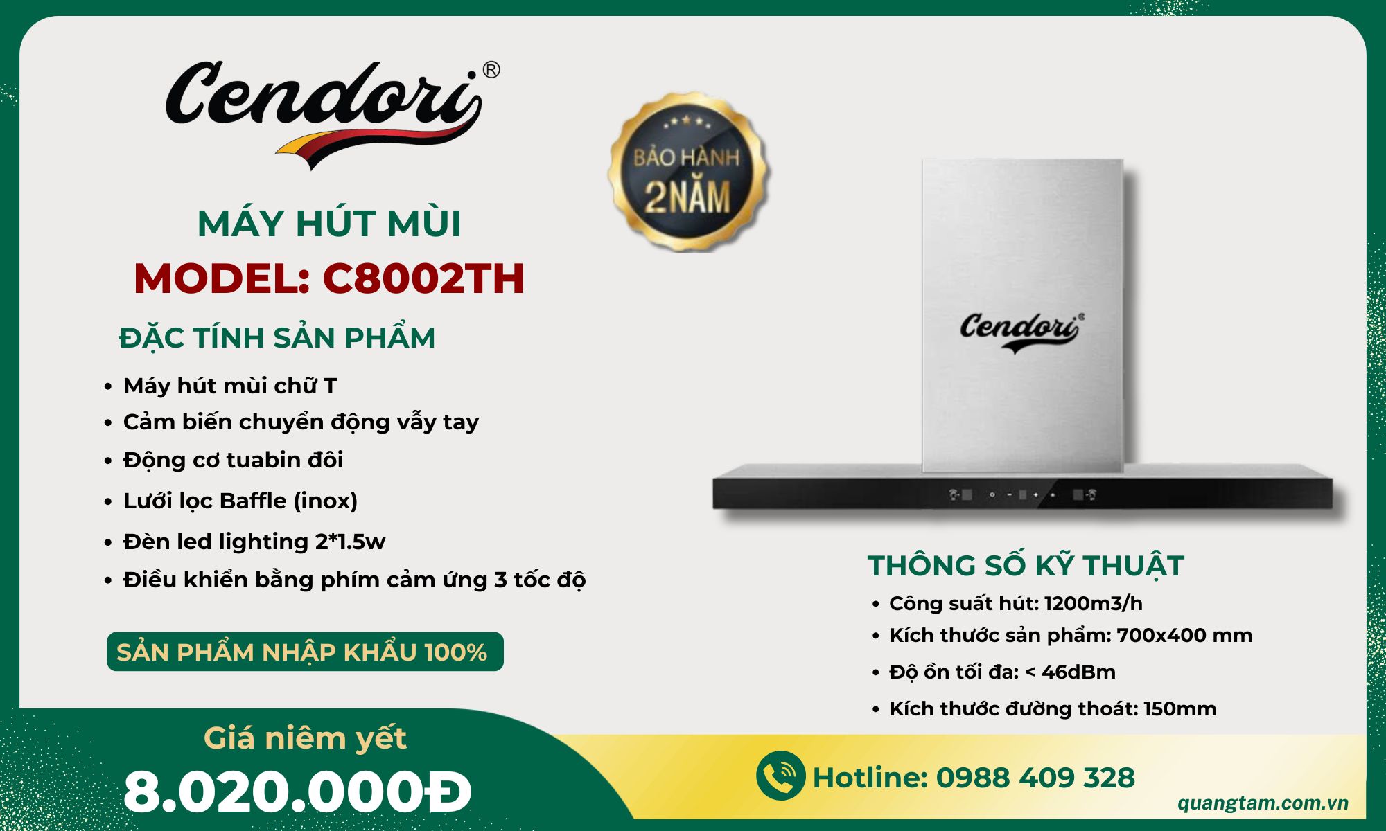 Máy hút mùi Cendori - C8002TH