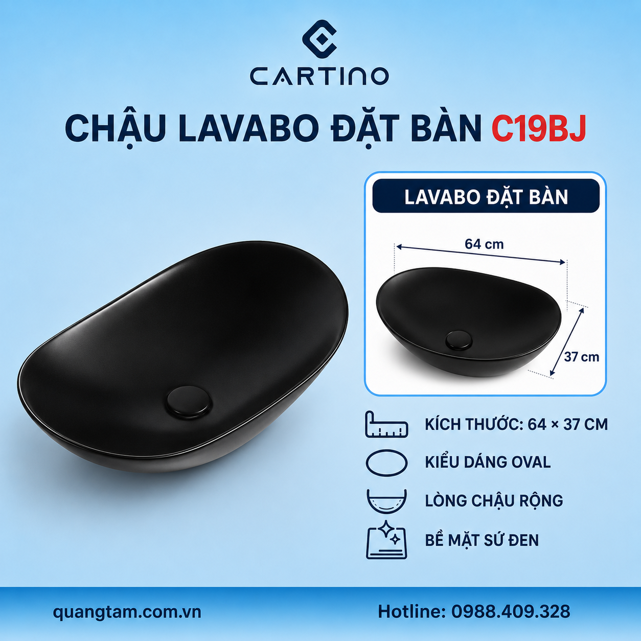 Chậu Lavabo Đặt Bàn CARTINO C19BJ 64cm Sứ Đen Dáng Oval Lòng Chậu Rộng