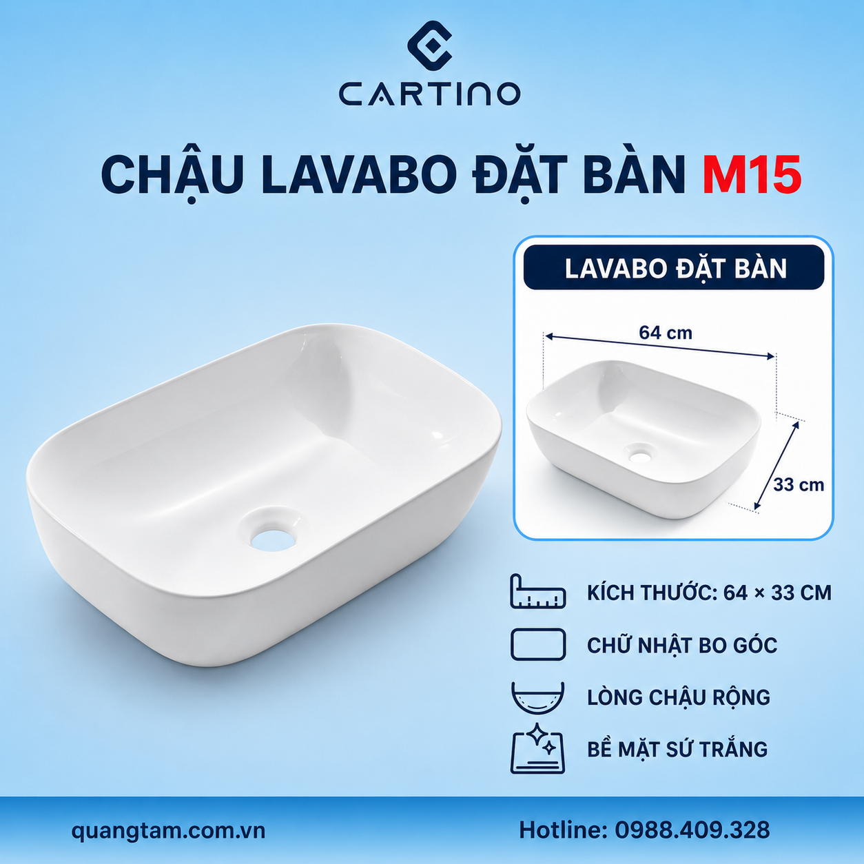 Chậu Lavabo Đặt Bàn CARTINO M15 64cm Sứ Trắng Chữ Nhật Bo Góc Lòng Chậu Rộng