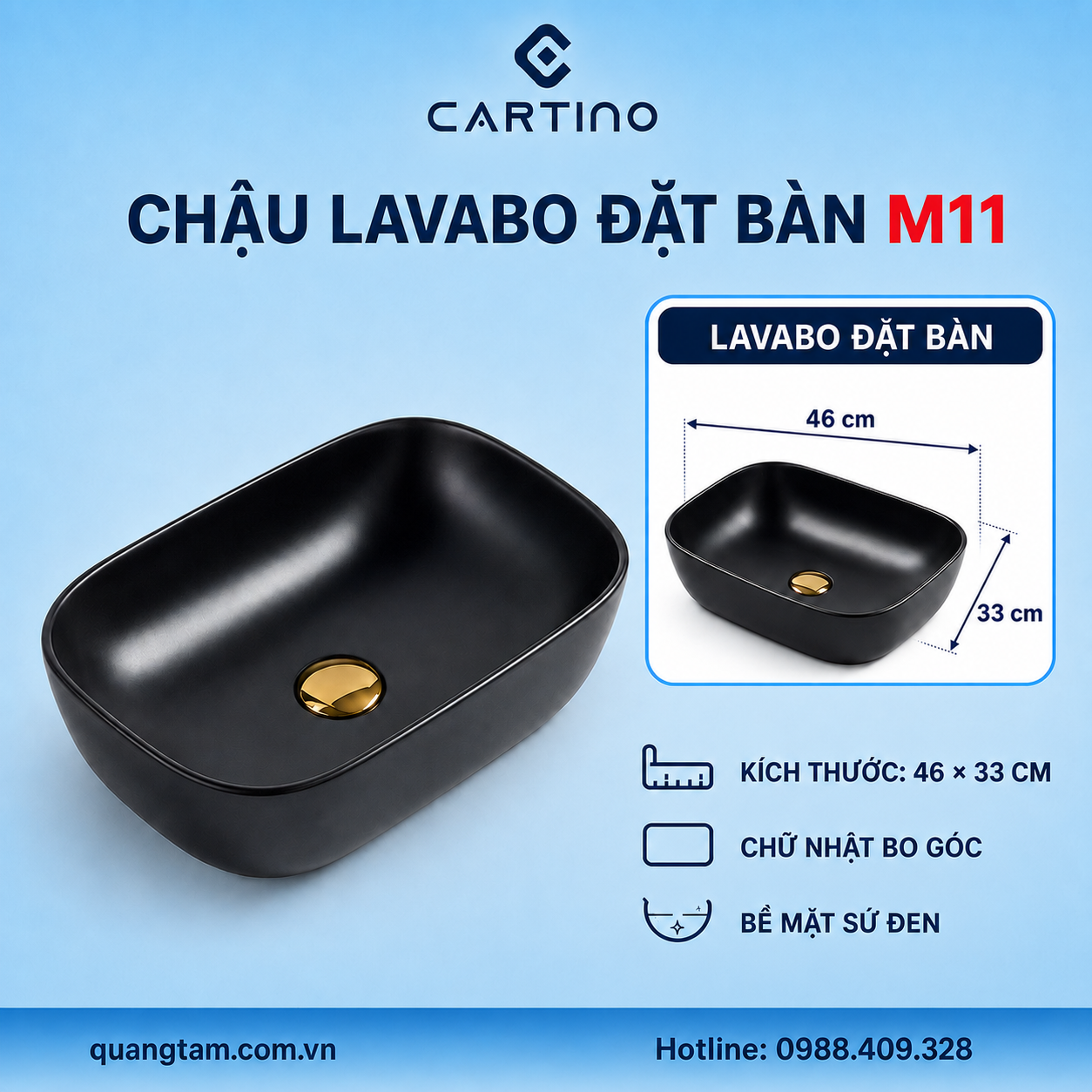Chậu Lavabo Đặt Bàn CARTINO M11 46cm Sứ Đen Chữ Nhật Bo Góc Hiện Đại