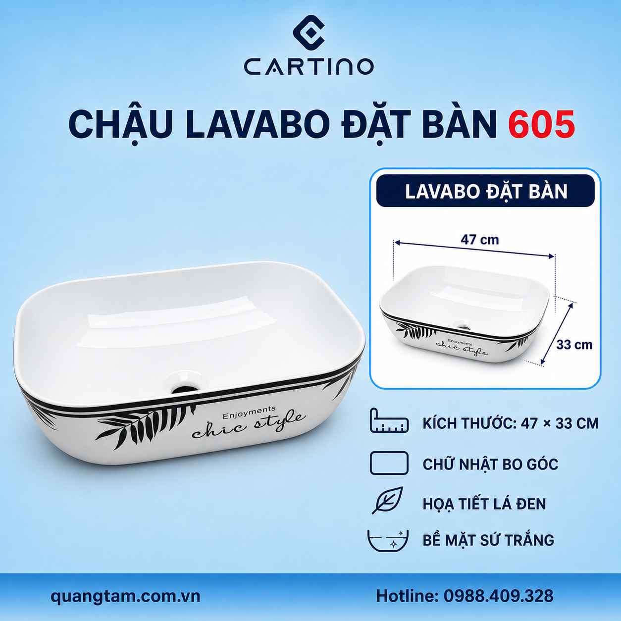 Chậu Lavabo Đặt Bàn CARTINO 605 47cm Sứ Trắng Họa Tiết Lá Đen