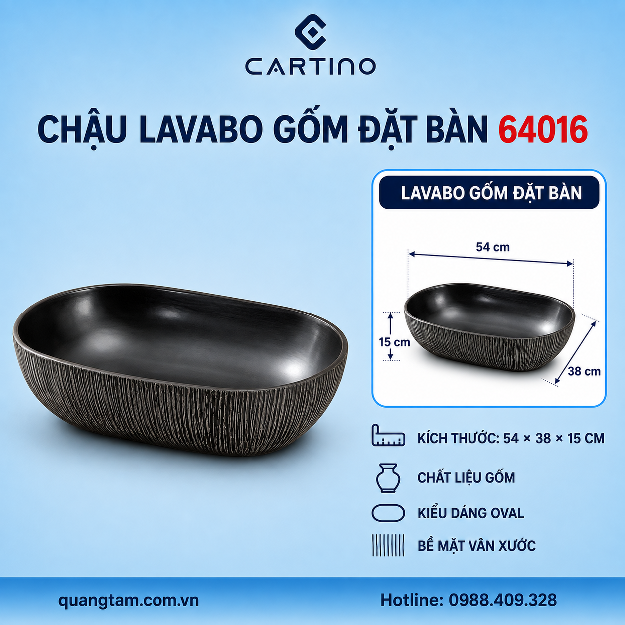 Chậu Lavabo Gốm Đặt Bàn CARTINO 64016 54cm Oval Vân Xước Màu Đen
