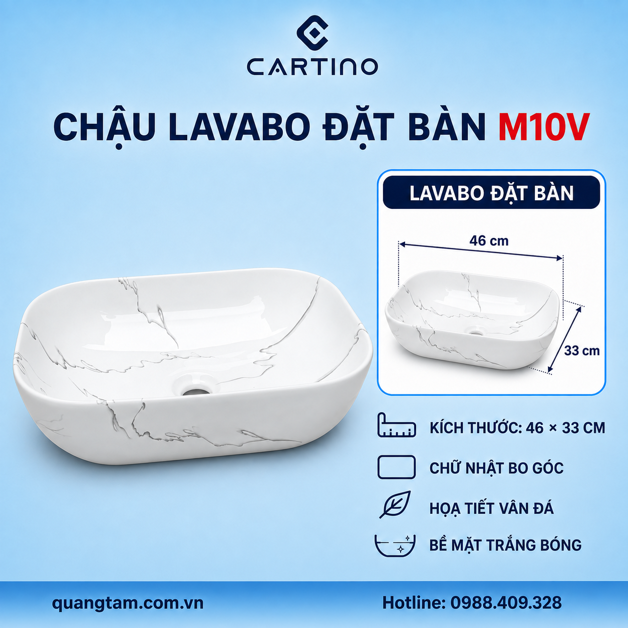 Chậu Lavabo Đặt Bàn CARTINO M10V 46cm Trắng Bóng Họa Tiết Vân Đá