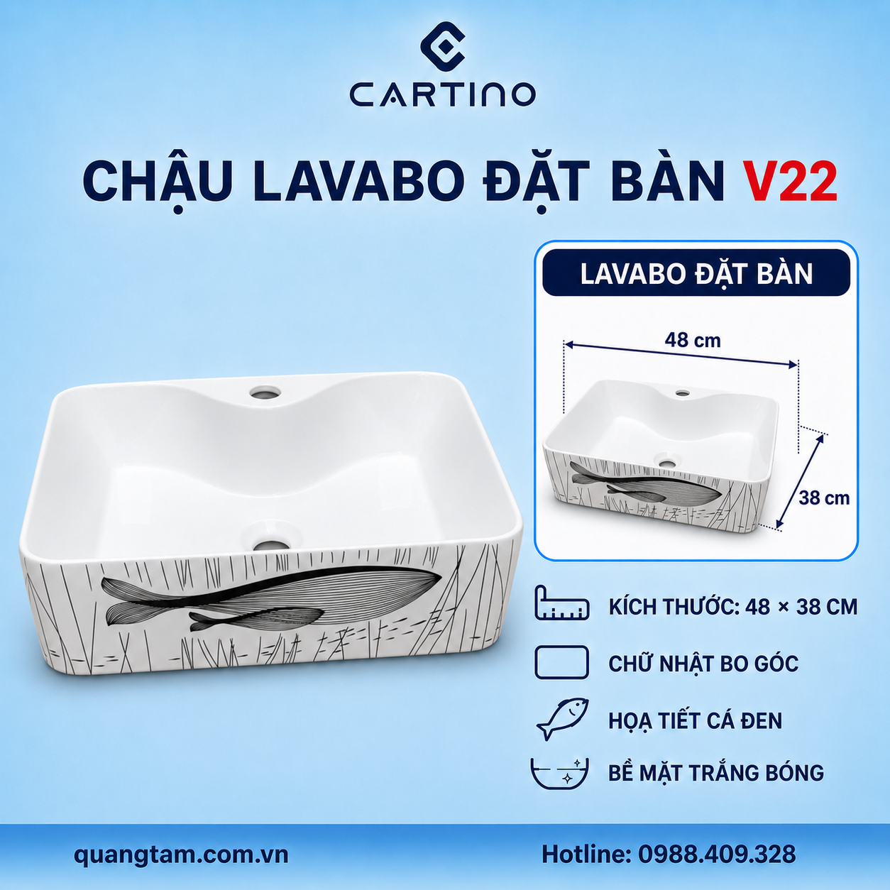 Chậu Lavabo Đặt Bàn CARTINO V22 48cm Trắng Bóng Họa Tiết Cá Đen