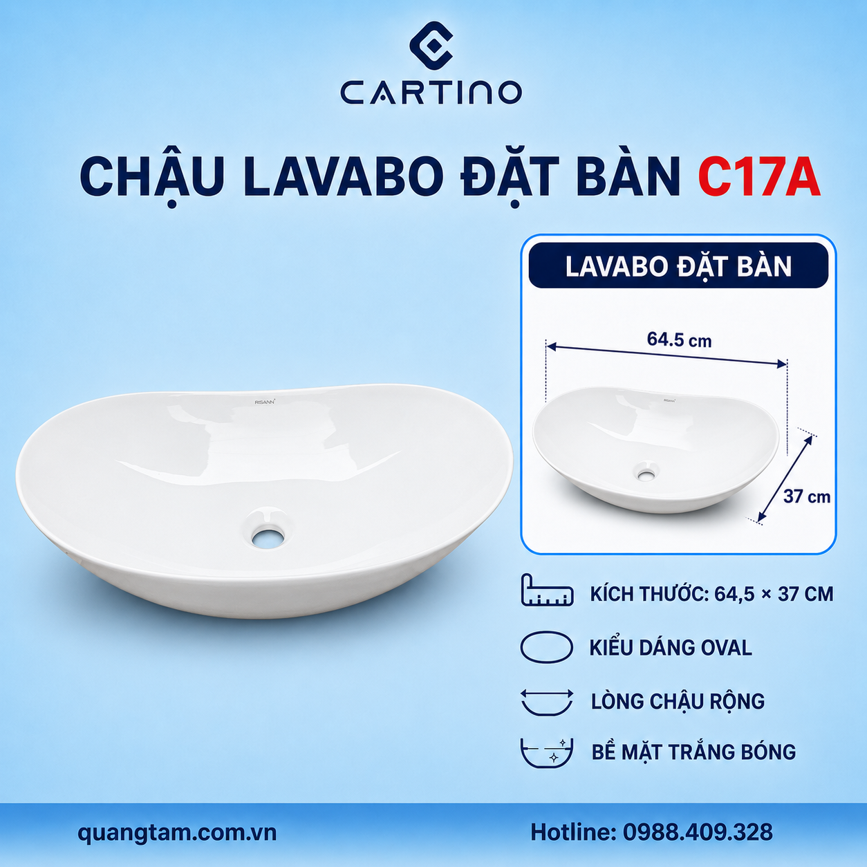 Chậu Lavabo Đặt Bàn CARTINO C17A 64.5cm Oval Trắng Bóng Lòng Chậu Rộng  2. Slug