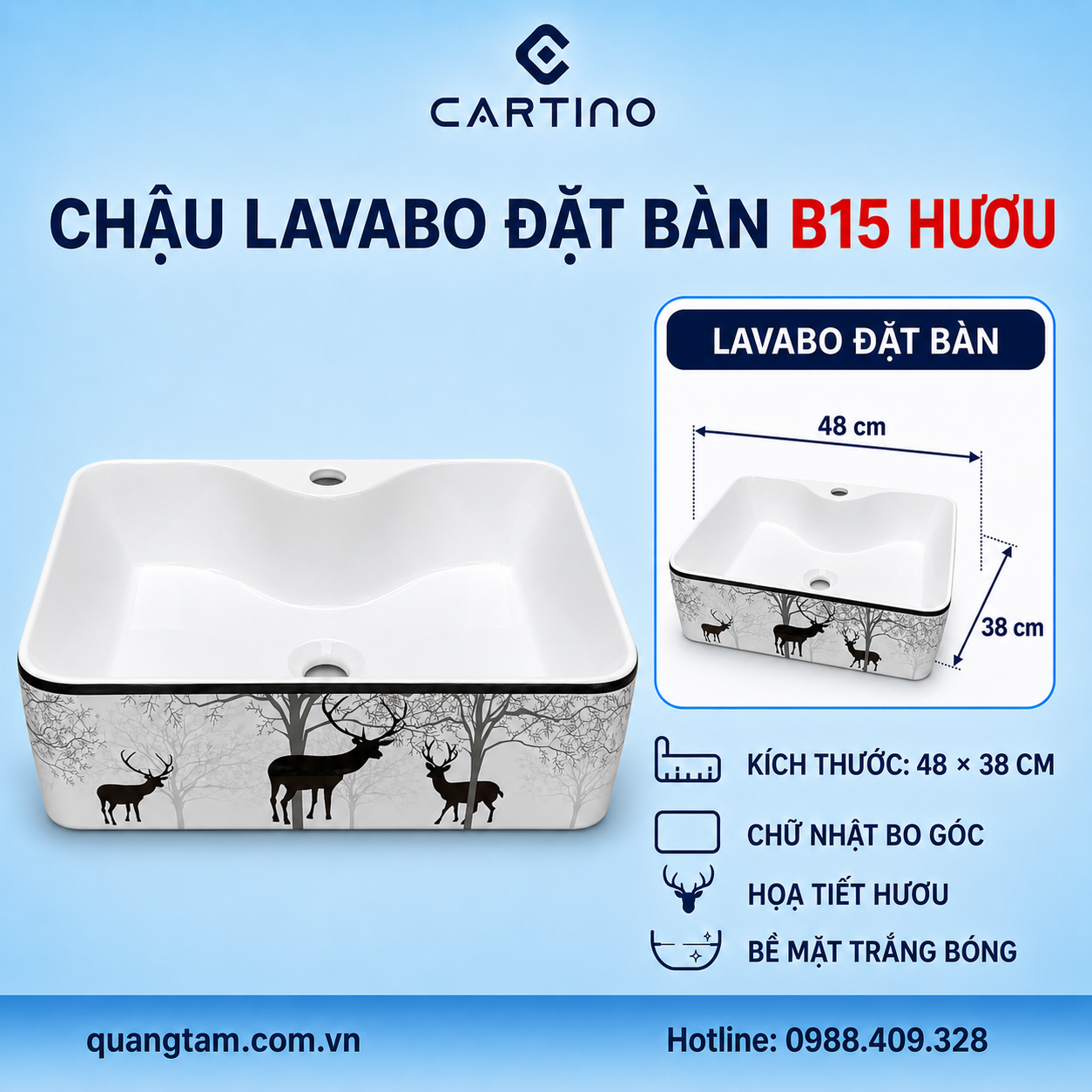 Chậu Lavabo Đặt Bàn CARTINO B15 Hươu 48cm Họa Tiết Hươu Trắng Bóng