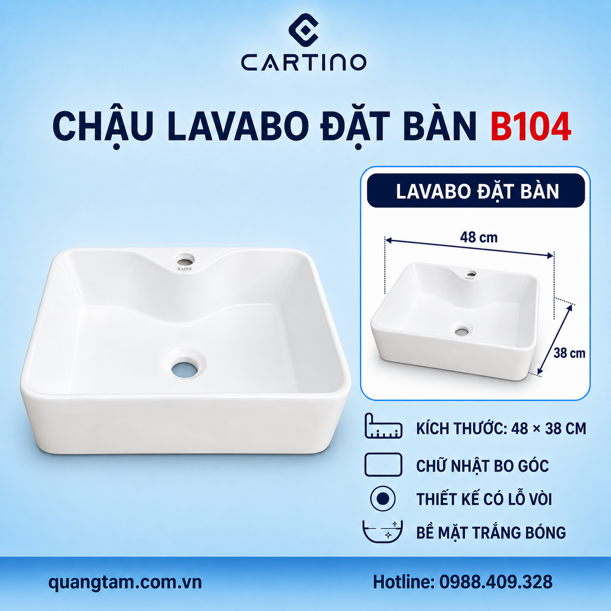 Chậu Lavabo Đặt Bàn CARTINO B104 48cm Có Lỗ Vòi Trắng Bóng Bo Góc
