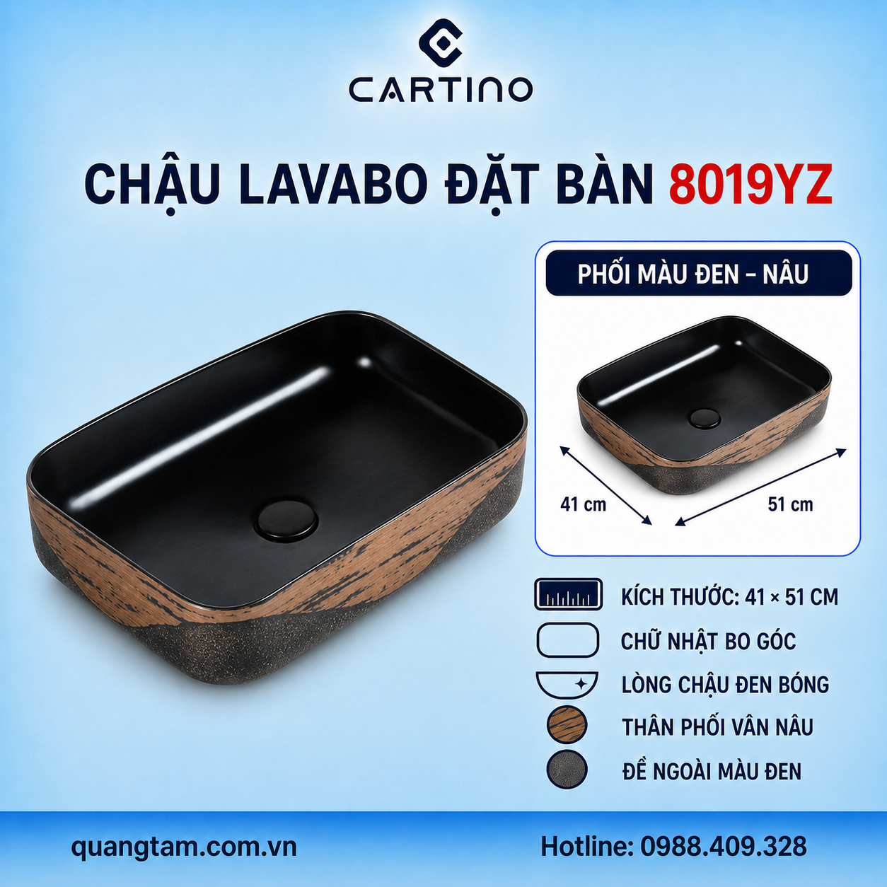Chậu Lavabo Đặt Bàn CARTINO 8019YZ 51cm Đen Bóng Phối Vân Nâu Sang Trọng