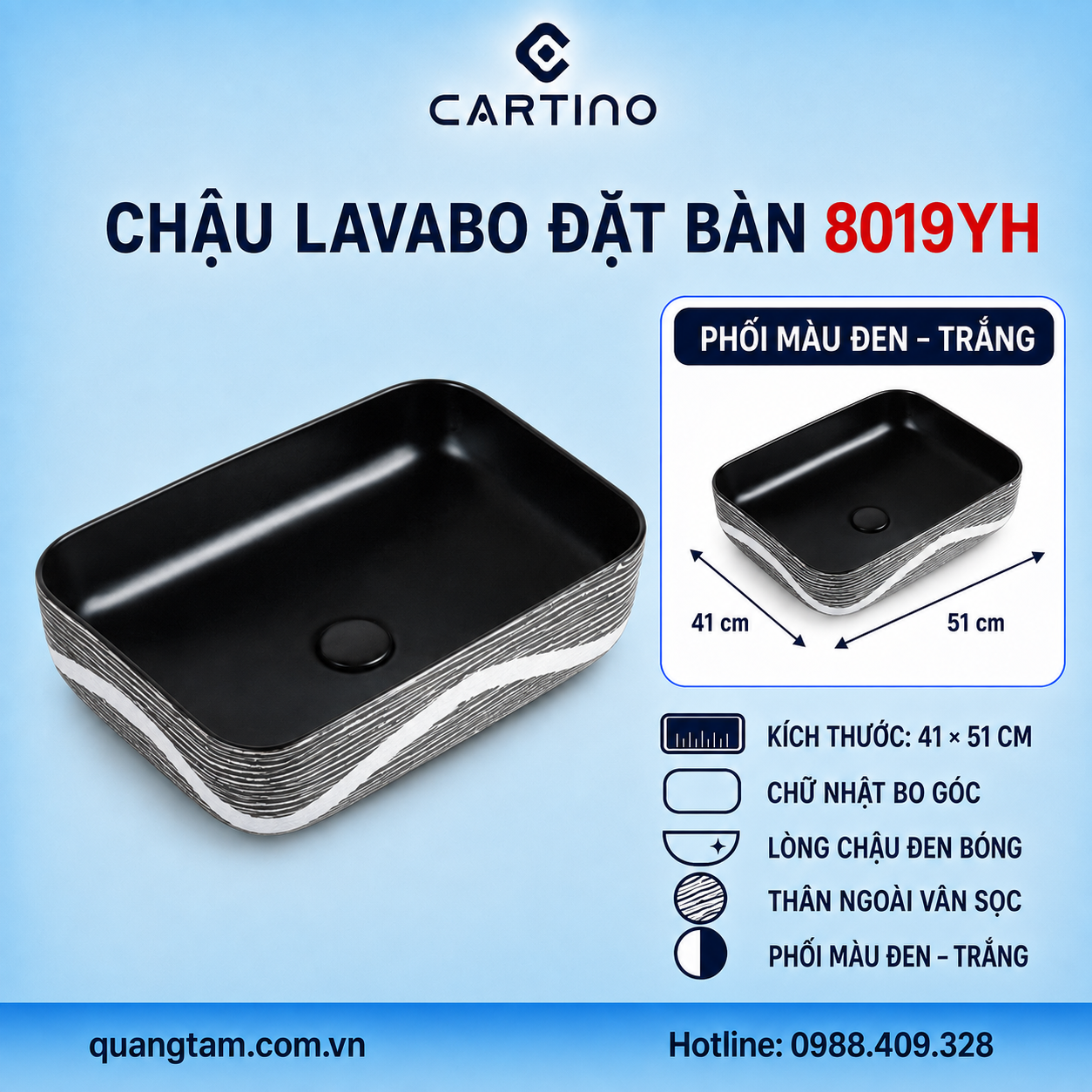 Chậu Lavabo Đặt Bàn CARTINO 8019YH 51cm Đen Trắng Vân Sọc Hiện Đại