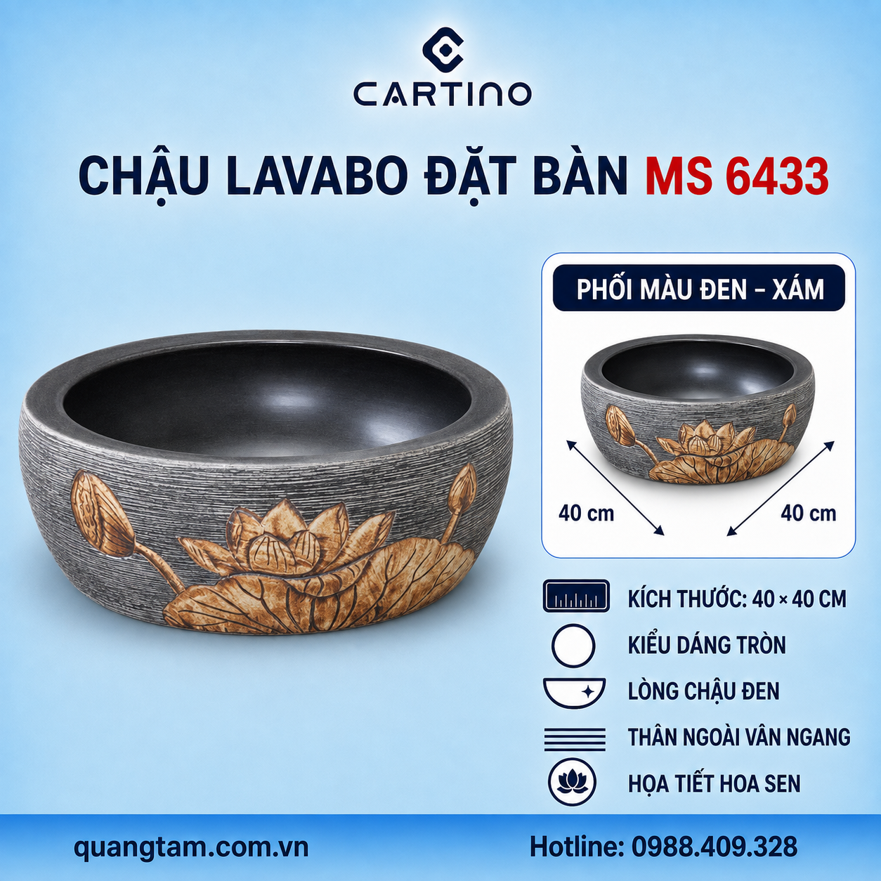 Chậu Lavabo Đặt Bàn CARTINO MS 6433 40x40cm Tròn Đen Xám Họa Tiết Hoa Sen