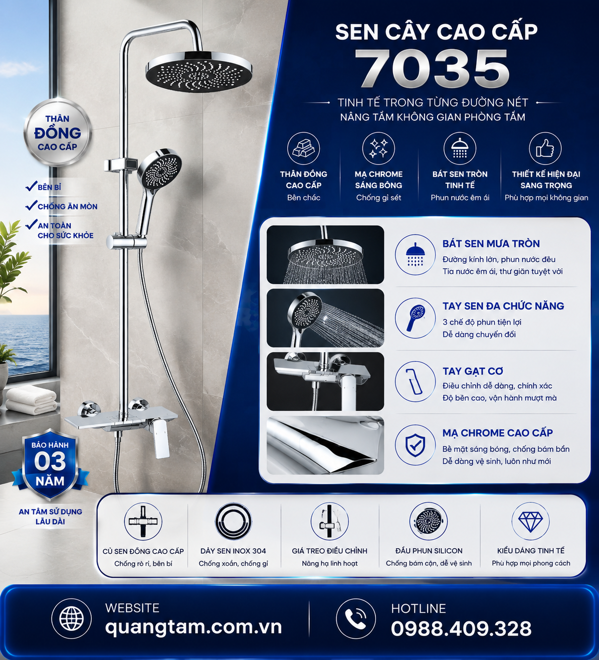 Sen Cây 7035 Thân Đồng Mạ Chrome Tay Sen 3 Chế Độ